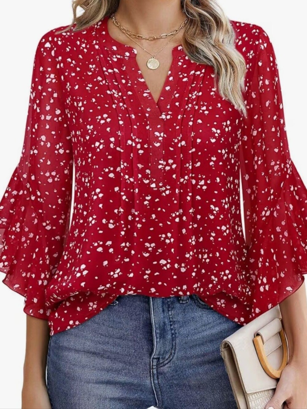 Timeson Chiffon 3/4 Sleeve Blouse, Size L, Red And White